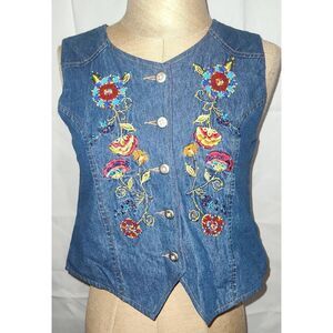 Vintage Copper Key Girls Beaded Floral Embroidery Denim Vest L 100% Cotton Y2K R